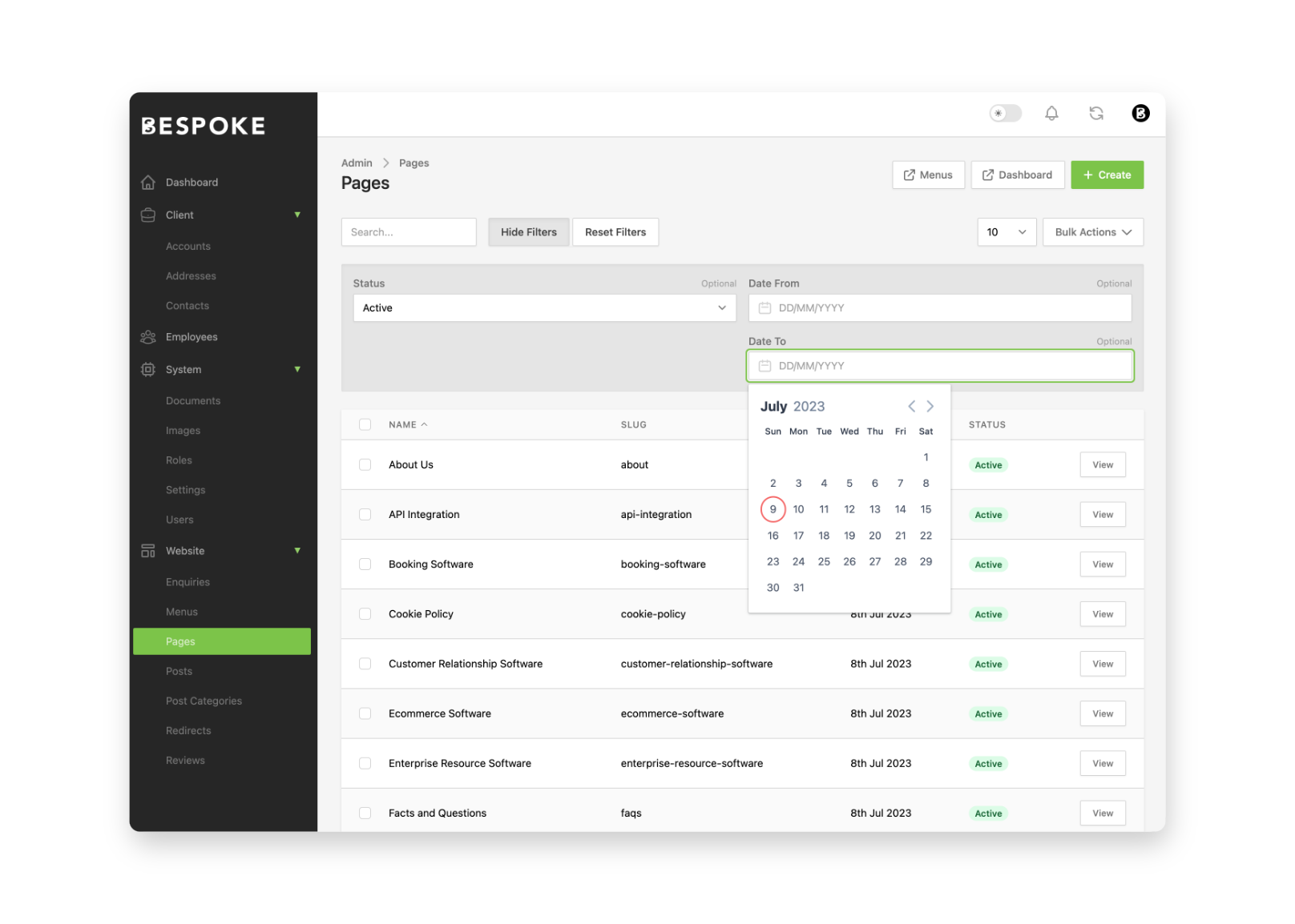 Screenshot of the manage pages section for Bespoke Software